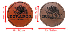 Load image into Gallery viewer, Durango Faux Leather Patch - Brown Leather Iron-On for Jackets, Vests Aguilar Mexican Flag Eagle Aguilar Mexicana DGO 2.5"