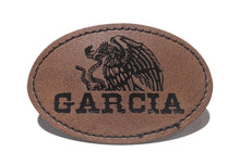 Load image into Gallery viewer, Garcia Faux Leather Patch – 3x2" Brown Leather Iron-On for Jackets, Vests Aguilar Mexican Flag Eagle Aguilar Mexicana