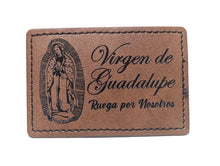 Load image into Gallery viewer, Virgen de Guadalupe Faux Leather Patch – 3x2" Brown Leather Iron-On for Jackets, Vests