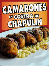 Load image into Gallery viewer, Camarones en Costra de Chapulin Plate Sticker Window Sticker Mexican Truck Concession Vinyl Restaurant Wall Poster Sticker Seafood