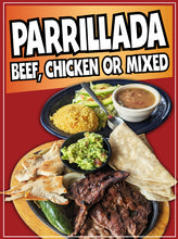 Load image into Gallery viewer, Parrillada Beef Chicken or Mixed Sticker Window Decal Truck Concession Vinyl Restaurant Wall poster FajitaFood Decal