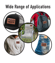 Load image into Gallery viewer, Trakas HDSPM Faux Leather Patch – 3x2" Brown Leather Iron-On for Jackets, Vests