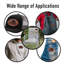 Load image into Gallery viewer, Flores Faux Leather Patch – 3x2" Brown Leather Iron-On for Jackets, Vests Flores Mexican Flag Eagle Aguilar Mexicana