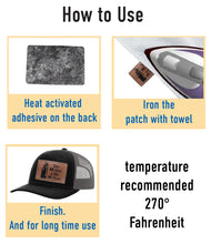 Load image into Gallery viewer, Santa Muerte Dios me Guia y Ella me Cuida Faux Leather Patch – 3x2" Brown Leather Iron-On for Jackets, Vests