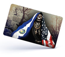 Load image into Gallery viewer, Santa Muerte Credit Card Skin Cover Vinyl Stickers (4 Pack) - Holy Death with El Salvador & USA Flag Sticker Salvadorian