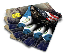 Load image into Gallery viewer, Santa Muerte Credit Card Skin Cover Vinyl Stickers (4 Pack) - Holy Death with Guatemala & USA Flag Sticker Guatemalan