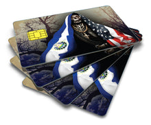 Load image into Gallery viewer, Santa Muerte Credit Card Skin Cover Vinyl Stickers (4 Pack) - Holy Death with El Salvador & USA Flag Sticker Salvadorian