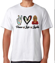 Load image into Gallery viewer, Peace, Love, Lupita Shirt, Guadalupe Shirt, Virgin Mary Tee Shirt, Love Shirt