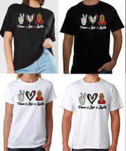 Load image into Gallery viewer, Peace, Love, Lupita Shirt, Guadalupe Shirt, Virgin Mary Tee Shirt, Love Shirt