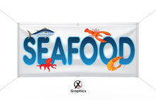 Load image into Gallery viewer, Seafood Vinyl Banner advertising Sign Full color any size Indoor Outdoor Advertising Vinyl Sign With Metal Grommets Shrimps octopus sign