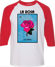 Load image into Gallery viewer, La Rosa Loteria T-Shirt / Raglan Mexican Bingo Short Sleeve Shirt Womens back Rose
