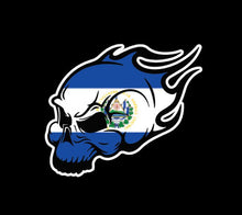 Load image into Gallery viewer, Salvadorian Skull w Flames Decal Car Window Laptop Map Vinyl Sticker Human Skeleton Death El Salvador Flag Pupusos