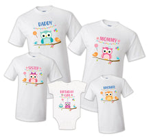Load image into Gallery viewer, Owl Bird Birthday Matching T-shirts Party Family Kid Tshirt Mom, dad, sister