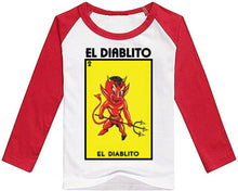 Load image into Gallery viewer, El Diablito TSHIRT / RAGLAN Loteria Mexican Bingo T Shirt Hooded Toxic Mexican Bingo Lottery Kid