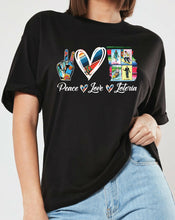 Load image into Gallery viewer, Peace Love Loteria Mexican Bingo Short Sleeve Shirt Women