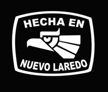 Load image into Gallery viewer, Hecha en Nuevo Laredo letters Decal Car Window Laptop Flag Vinyl Sticker Mexico SLP Mexican Sticker, Trucking, Trokiando Trucks decal MX NL