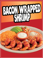 Load image into Gallery viewer, Bacon Wrapped Shrimp Sticker Window Sticker Food Truck Concession Vinyl Restaurant Wall Poster Sticker Shrimp Seafood
