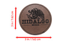 Load image into Gallery viewer, Hidalgo Faux Leather Patch - Brown Leather Iron-On for Jackets, Vests Aguilar Mexican Flag Eagle Aguilar Mexicana HGO 2.5"
