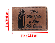 Load image into Gallery viewer, Santa Muerte Dios me Guia y Ella me Cuida Faux Leather Patch – 3x2" Brown Leather Iron-On for Jackets, Vests
