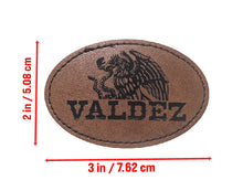 Load image into Gallery viewer, Valdez Faux Leather Patch – 3x2" Brown Leather Iron-On for Jackets, Vests Valdez Mexican Flag Eagle Aguilar Mexicana
