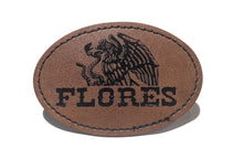 Load image into Gallery viewer, Flores Faux Leather Patch – 3x2" Brown Leather Iron-On for Jackets, Vests Flores Mexican Flag Eagle Aguilar Mexicana
