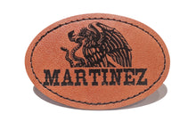 Load image into Gallery viewer, Martinez Faux Leather Patch – 3x2" Brown Leather Iron-On for Jackets, Vests Martinez Mexican Flag Eagle Aguilar Mexicana
