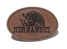 Load image into Gallery viewer, Hernandez Faux Leather Patch – 3x2" Brown Leather Iron-On for Jackets, Vests Aguilar Mexican Flag Eagle Aguilar Mexicana
