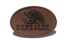 Load image into Gallery viewer, Gonzalez Faux Leather Patch – 3x2" Brown Leather Iron-On for Jackets, Vests Aguilar Mexican Flag Eagle Aguilar Mexicana
