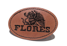 Load image into Gallery viewer, Flores Faux Leather Patch – 3x2" Brown Leather Iron-On for Jackets, Vests Flores Mexican Flag Eagle Aguilar Mexicana
