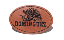 Load image into Gallery viewer, Dominguez Faux Leather Patch – 3x2" Brown Leather Iron-On for Jackets, Vests Dominguez Mexican Flag Eagle Aguilar Mexicana
