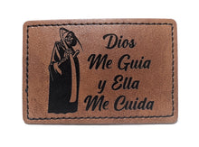 Load image into Gallery viewer, Santa Muerte Dios me Guia y Ella me Cuida Faux Leather Patch – 3x2" Brown Leather Iron-On for Jackets, Vests
