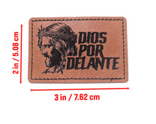 Load image into Gallery viewer, Dios por delante Faux Leather Patch – 3x2" Brown Leather Iron-On for Jackets, Vests #2
