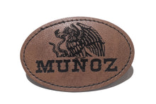 Load image into Gallery viewer, Munoz Faux Leather Patch – 3x2" Brown Leather Iron-On for Jackets, Vests Munoz Mexican Flag Eagle Aguilar Mexicana (Copy)
