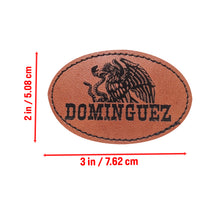 Load image into Gallery viewer, Dominguez Faux Leather Patch – 3x2" Brown Leather Iron-On for Jackets, Vests Dominguez Mexican Flag Eagle Aguilar Mexicana
