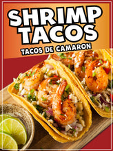 Load image into Gallery viewer, Shrimp Tacos  Sign Decal Window Sticker Truck Concession Vinyl Restaurant Tacos de Camaron SIgn Sticker
