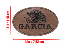 Load image into Gallery viewer, Garcia Faux Leather Patch – 3x2" Brown Leather Iron-On for Jackets, Vests Aguilar Mexican Flag Eagle Aguilar Mexicana
