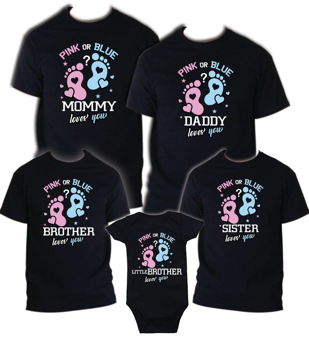 Pink or Blue Gender Baby Shower Family T-Shirts- Mom Dad Loves You