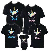 Load image into Gallery viewer, Unicorn Birthday Matching T-shirts Party Family Kid shirt Mom dad, sister Black
