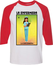 Load image into Gallery viewer, La Enfermera Raglan Loteria Mexican Bingo Long Sleeve Shirt The Nurse
