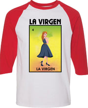 Load image into Gallery viewer, La Virgen T shirt Loteria T-Shirt / Raglan Mexican Bingo Funny woman Lottery Game
