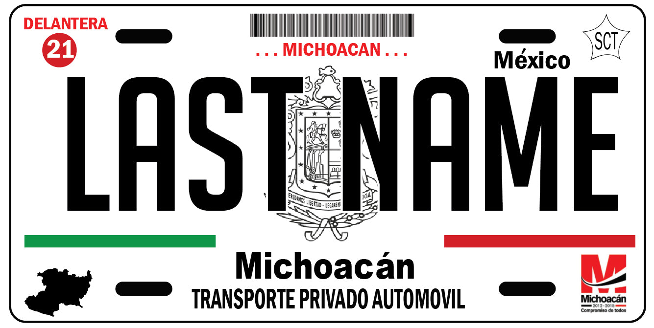 Michoacan Car Plate Aluminum License Plate Mex Mich Mexico State Custo