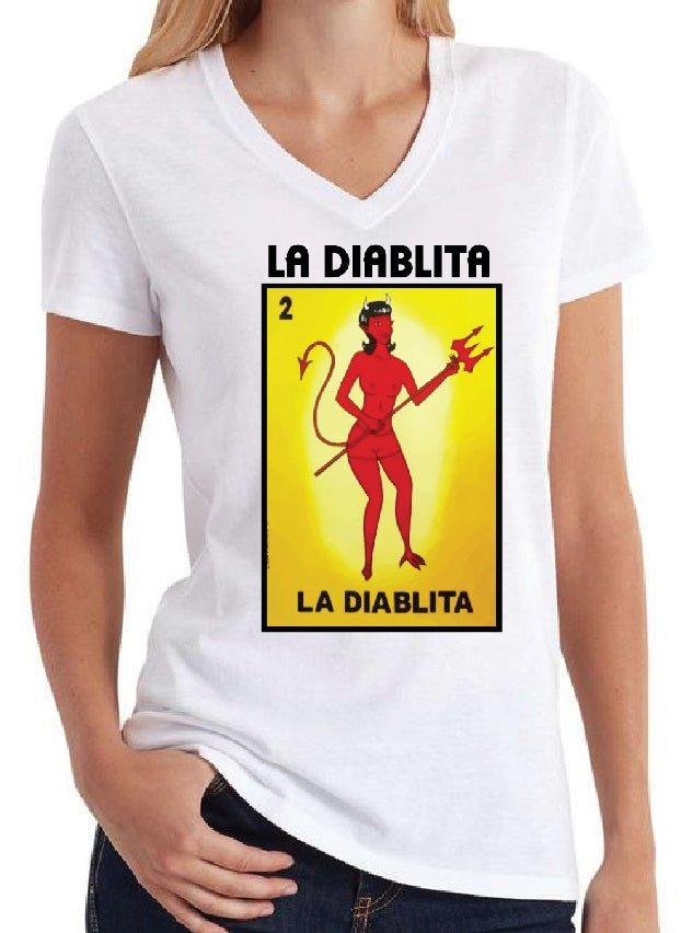 La Diablita VNECK / TANK TOP Loteria Mexican Bingo Short Sleeve V-Neck Shirt Women's Racer back