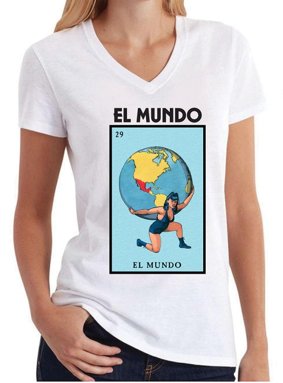 El Mundo V-Neck Loteria Mexican Bingo Short Sleeve V-Neck Shirt Women's Girls Celebration Hippie Tee Lottery The World
