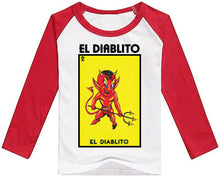 Load image into Gallery viewer, El Diablito TSHIRT / RAGLAN Loteria Mexican Bingo T Shirt Hooded Toxic Mexican Bingo Lottery Kid
